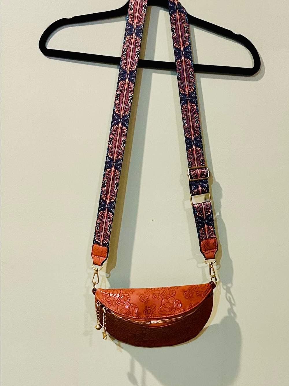 Leather Crossbody Bag with Patterned Strap - Orange Brown